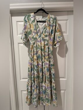 entro Pastel Green, Lavender & Yellow Floral V-Neck Maxi Dress